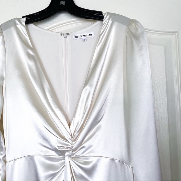 Reformation Dress Delphi Silk Slit Long-Sleeve Wedding Maxi Ivory 2 FLAW - Picture 5 of 14